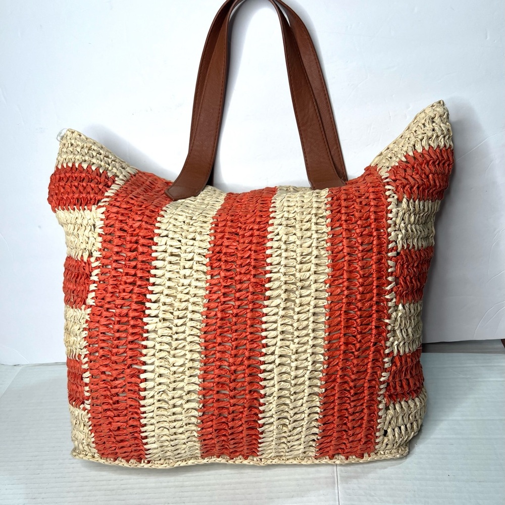 Striped Straw Tote Bag with Brown Handles - Red and Natural